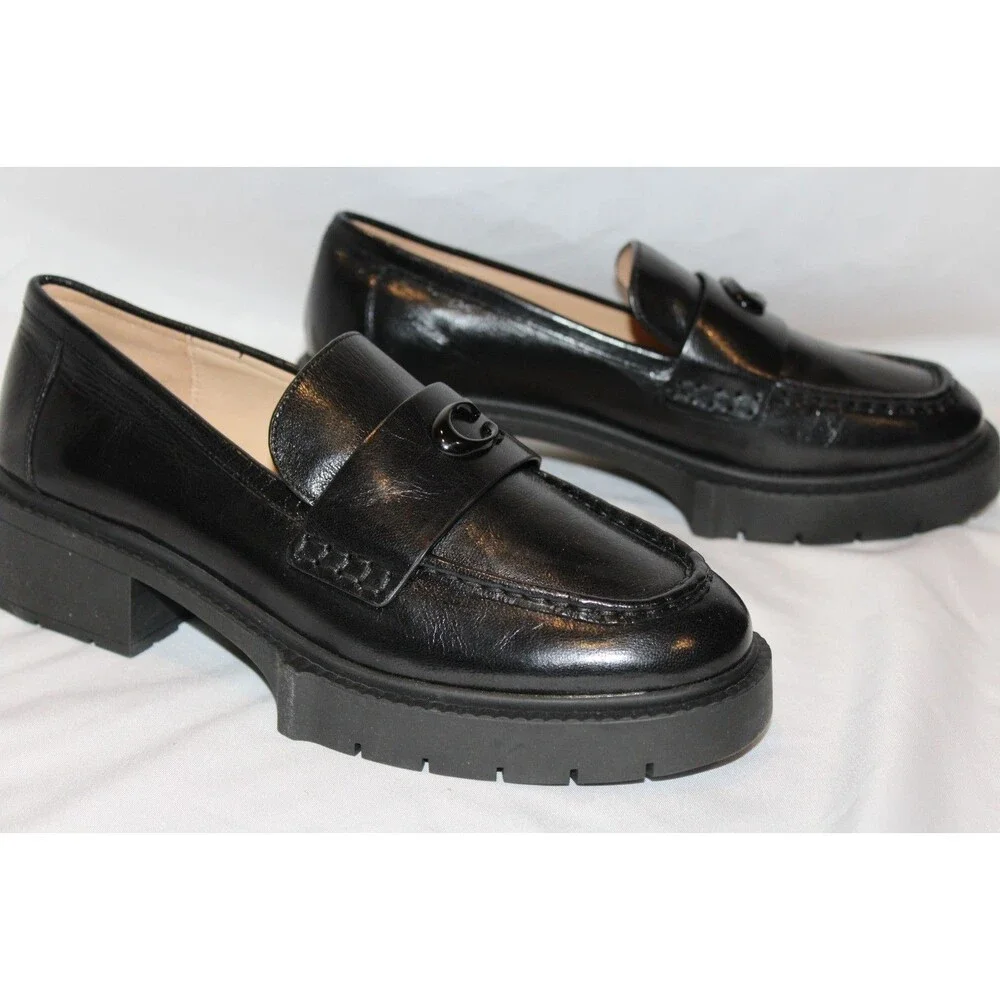 COACH WOMEN'S LEAH LEATHER LUG SOLE PLATFORM LOAFER BLACK NIB SZ 7
